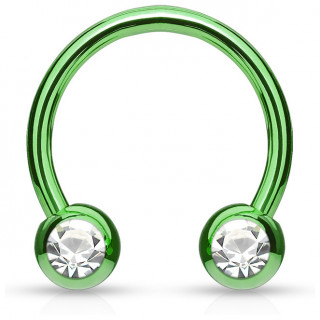 Piercing fer � cheval en acier vert serti deux strass blancs
