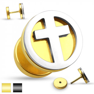 Piercing oreille style faux plug avec croix cercl�e argent�e