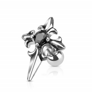 Piercing tragus avec croix m�di�vale � fleur de lys et pierre noire