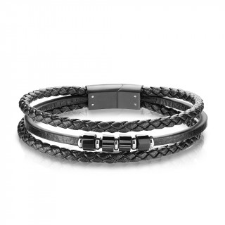 Triple bracelet homme cuir � cylindres d'acier